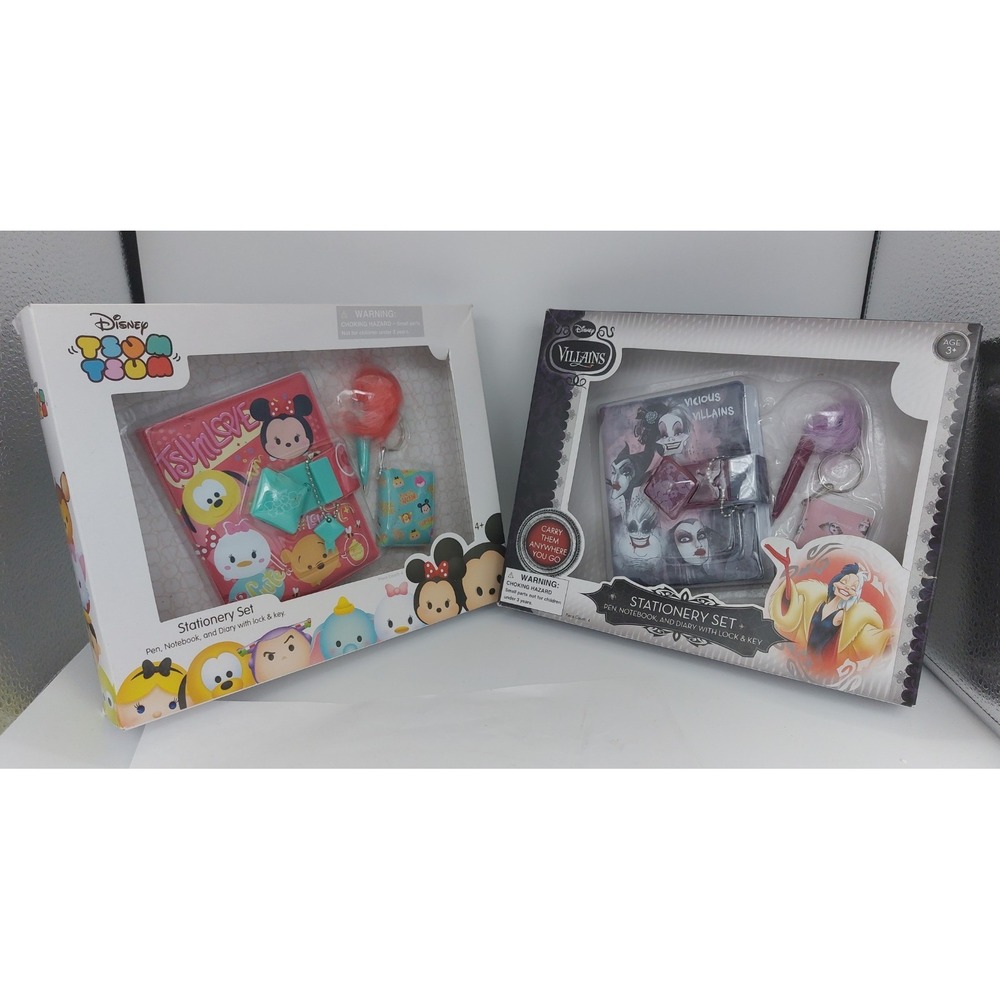 2 Disney- Villains, Tsum Tsum- Pen Mini Notebook Diary Stationary Set Lock & Key